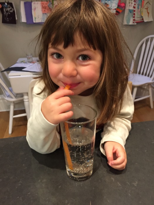 Here's Clover enjoying our homemade, kid-safe effervescent "treat" drink